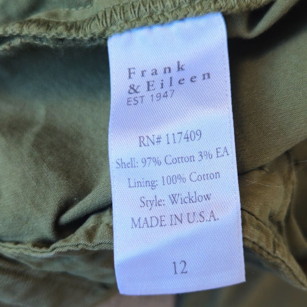 Frank & Eileen Wicklow Italian Chino Pants Size 12 Army Green Raw Hem Flat Front - Picture 10 of 11